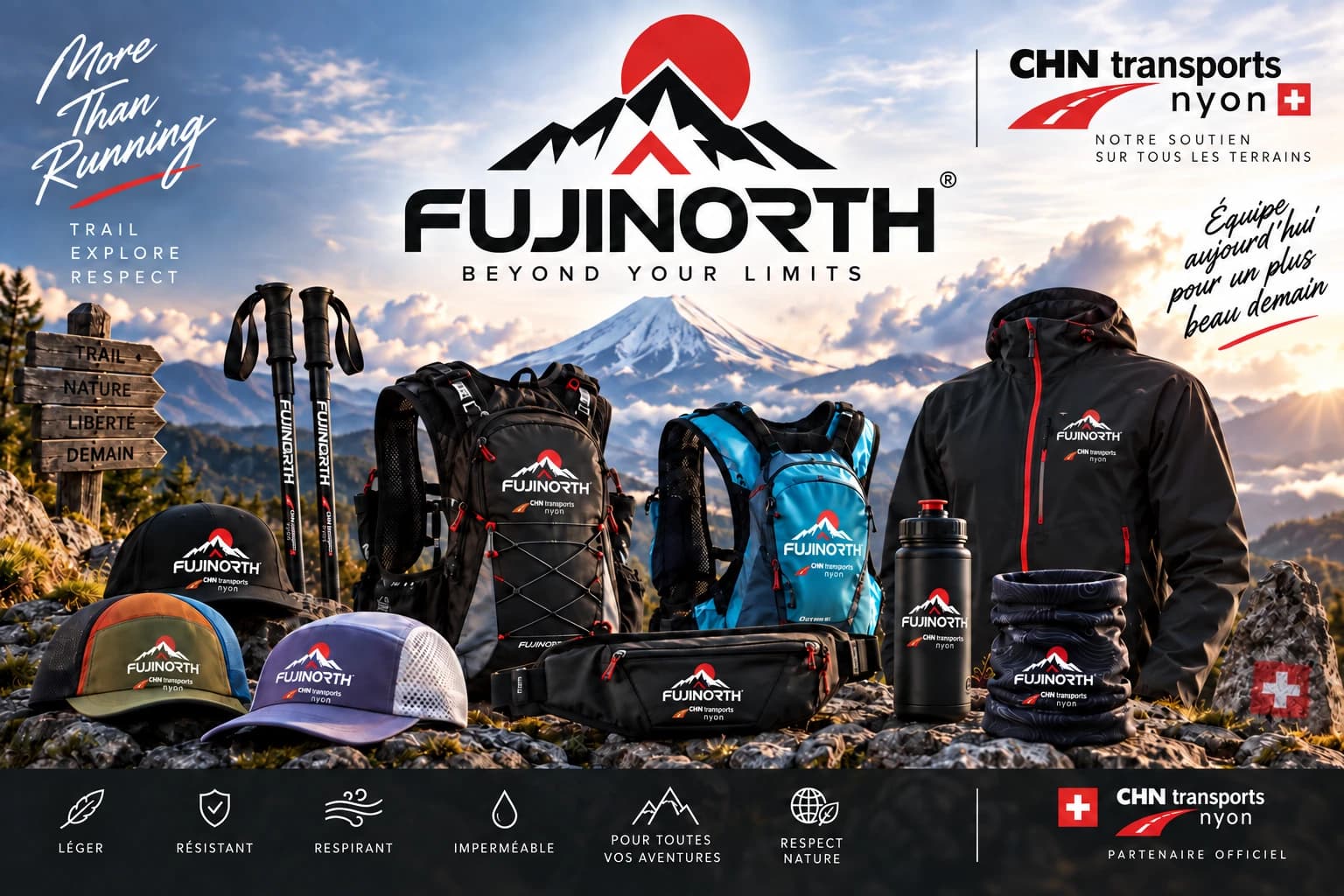Collection FUJINORTH au pied du mont Fuji : sacs de trail, veste, casquettes, bâtons et accessoires. Avec CHN Transports Nyon, partenaire officiel.