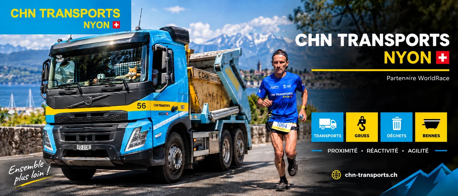 CHN Transports Nyon : camion bleu et jaune au bord du lac et Eusebio en tenue de course. Transports, grues, déchets et bennes. Partenaire WorldRace.